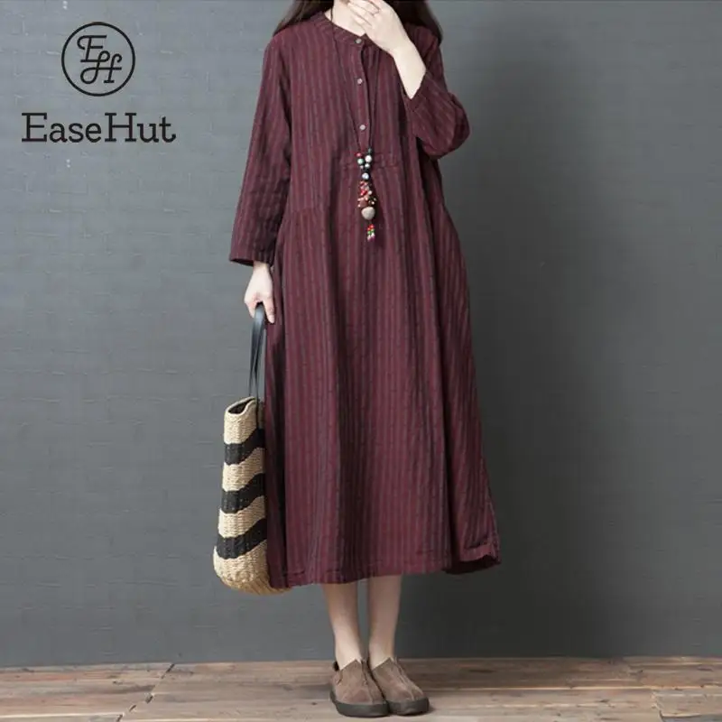 EaseHut женское винтажное хлопковое льняное платье с длинным рукавом, в полоску, на пуговицах, с передними карманами, осенние весенние платья, женское свободное Повседневное платье