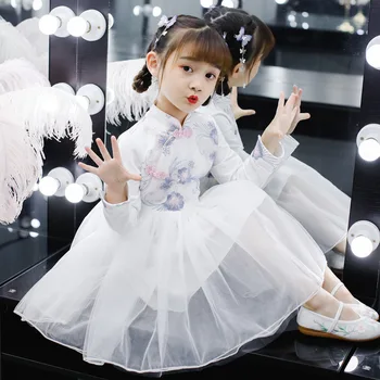 

Kids Princess Dress White Pink Cotton or Fleece Lining Chinese Cheongsam Dress Rural Style Retro Embroidery Party Tulle Dress