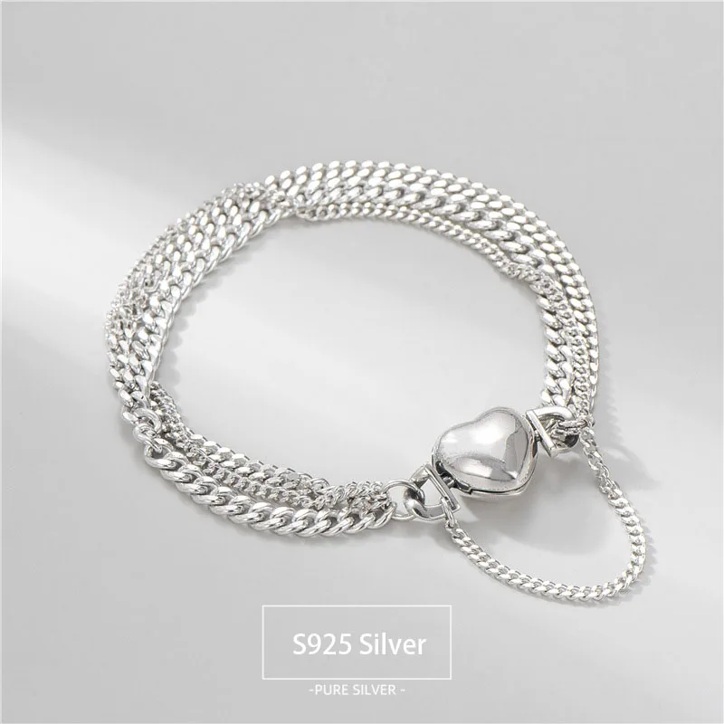 

Real Sterling Silver Retro Multilayer Chain Heart 925 Bracelet Exquisite Luxury Silver Jewelry Women Accessories