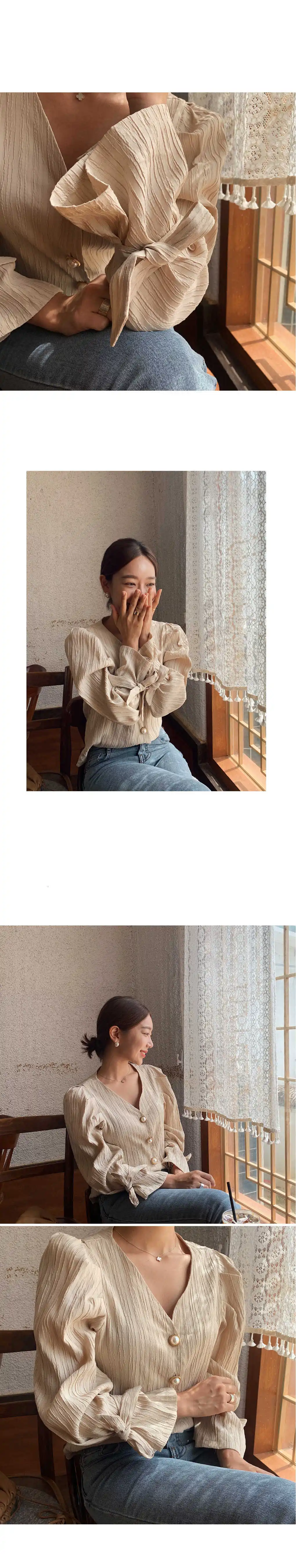 SHENGPALAE Новая модная Осенняя плиссированная рубашка с v-образным вырезом и жемчужными пуговицами, женская Свободная Повседневная японская блузка с пышными рукавами FT684
