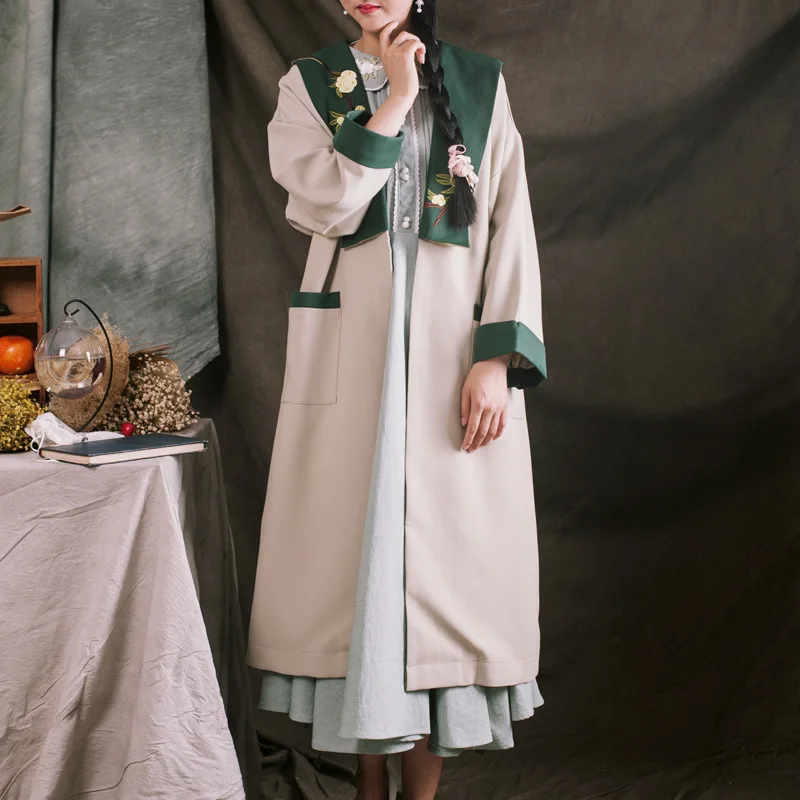 

Pear Flowering 2019 Autumn New Style Retro Fold-down Collar Embroidery Trench Coat Women's Mid-length Ninth Sleeve Ribbon Loose-