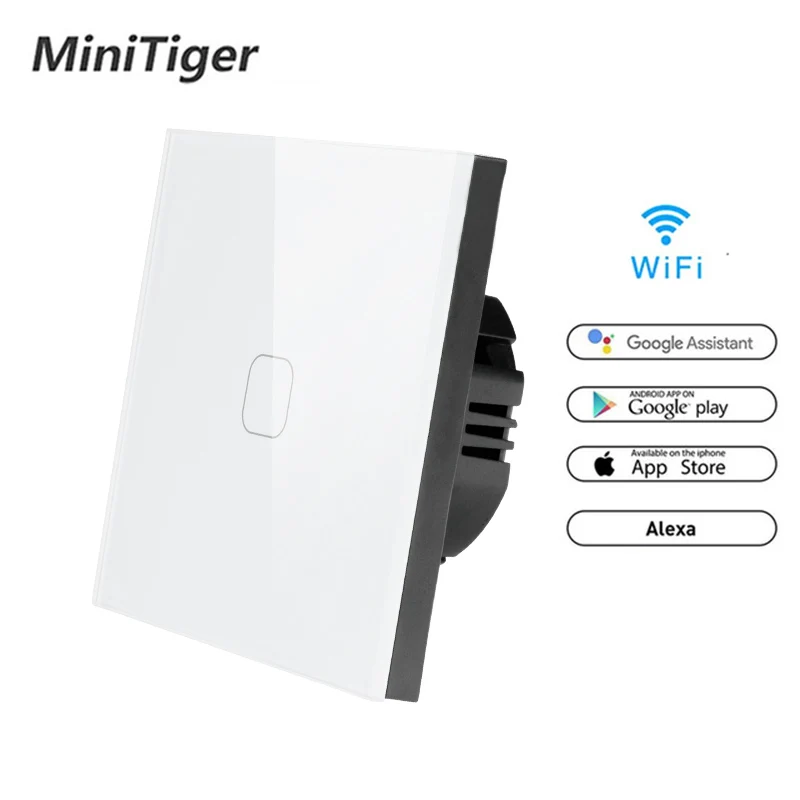 Minitiger Tuya/Smart Life/ewelink Wi-Fi 1 банда 1 позиционный переключатель Хрустальная стеклянная панель сенсорный настенный переключатель умный дом автоматизация беспроводной - Цвет: WiFi White 1gang