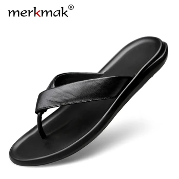 

Merkmak 2020 New Summer Men Leather Slippers Handmade Flip Flops Comfortable Breathable Beach Sandals Classic Casual Flats Shoes