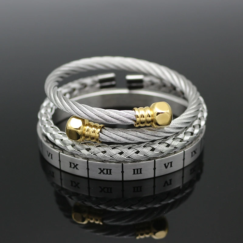 Top Quality 3PCS/Set Luxury Men Hexagon Bracelet Fashion Stainless Steel Roman Bangle Bracelet Men Trendy Jewelry Best Gift