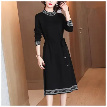 

Winter Women's Clothing Kpop Knitted Dresses 2019 Women Vintage Elegant Sweater Dress High Quality Black Evening Party Dresses