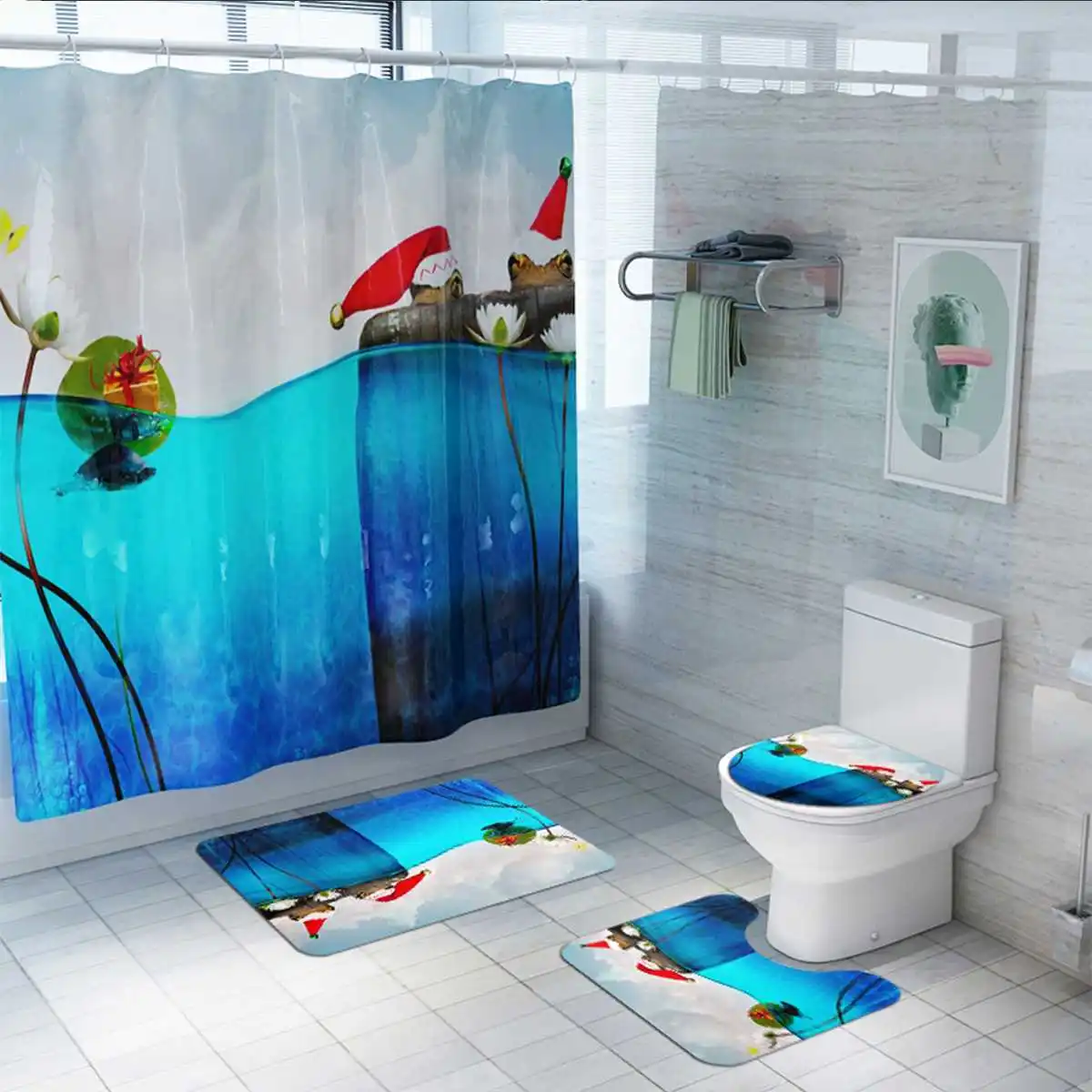 

4/3/1 Piece Shower Curtain Carpet Bathroom Cushion Set Christmas Series Printing Bathroom Non-slip Waterproof Strap 12 Hooks