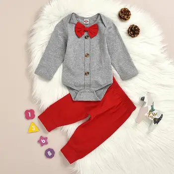 

Children Baby Long Sleeves Romper Pure Color Round Collar Bow Button Jacket With Trousers Pants Set Toddler Fashion Outfit