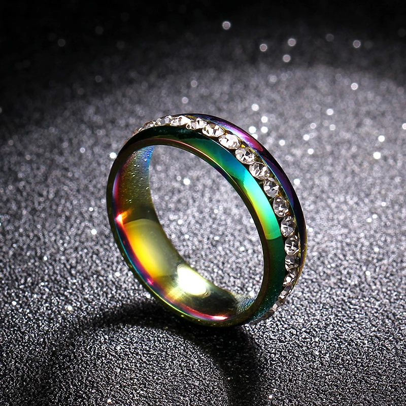 6 мм Радуга красочное кристаллическое кольцо из титана и стали бриллианта