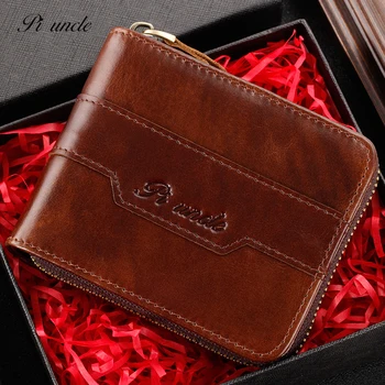

PI UNCLE Genuine Leather Men Wallets Male Short Purse Real Leather Brand RFID Wallet Coin Purse Card Holder Zipper Clamp Wallet