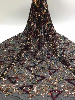 

5yards Newest African Sequins Tulle lace fabric Classic Triangle with Gold Sequins Embroidery for party Nigerian Lace Materials