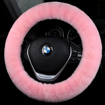 

100% Australian Sheepskin leather Soft Wool Plush Car Steering-Wheel Cover Winter Warm Black Pink Cover For 35CM-43CM CHIZIYO