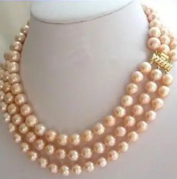 

Fashion jewelry Free Shipping 3 ROW 8-9mm natural Akoya Pink Pearl Necklace 17'-19''