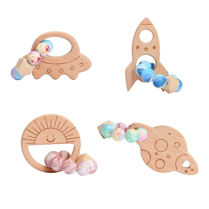 

1Pc New Silicone Beads Teether Planet Beads Bracelet Children Molar Teething Toy BPA Free Beech Wooden Teether DIY Bracelet Gift