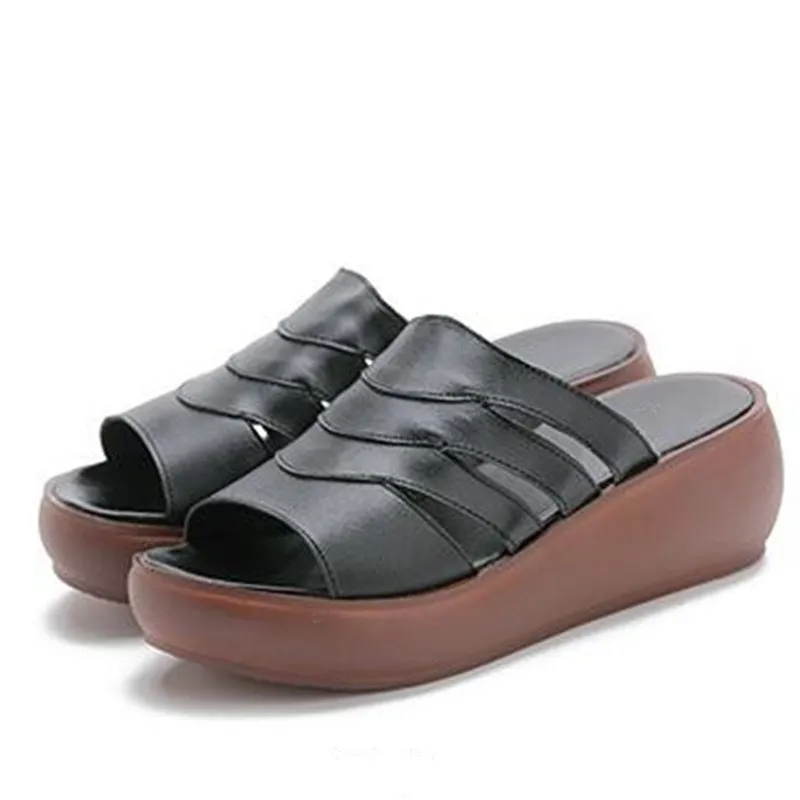 Г., новые летние сандалии из натуральной кожи женские шлепанцы босоножки на танкетке с толстой подошвой повседневные сандалии-шлепанцы женская обувь