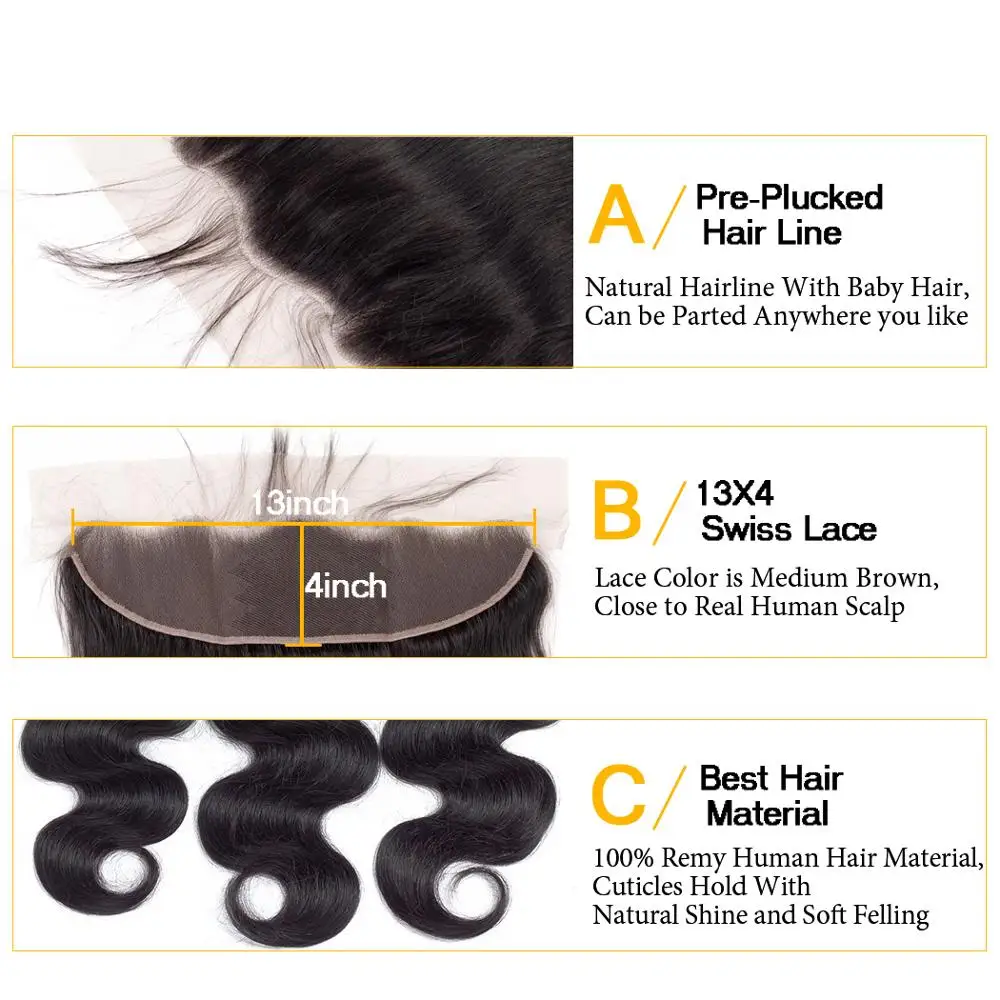 QT Hair Malaysian Body Wave Hair 3/4 Bundles With Lace Frontal Human Bundles With Frontal Non Remy Black Color