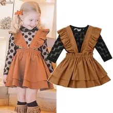 Осенняя одежда для маленьких девочек; футболка в горошек с кружевом и сеткой; топы; платье на подтяжках; одежда для детей