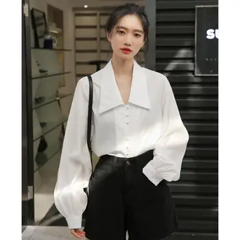 

Vintage Lantern Sleeve Spring Winter Women Shirt Blouses Single Breasted Blouse Female Loose Shirts Tops