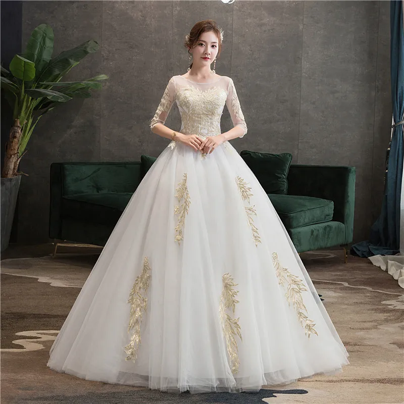 

Do Dower 2019 New Arrival Elegant Half Sleeve Wedding Dress Vintage Embroidery Plus Size Lace Up Princess Bride Wedding Gown L