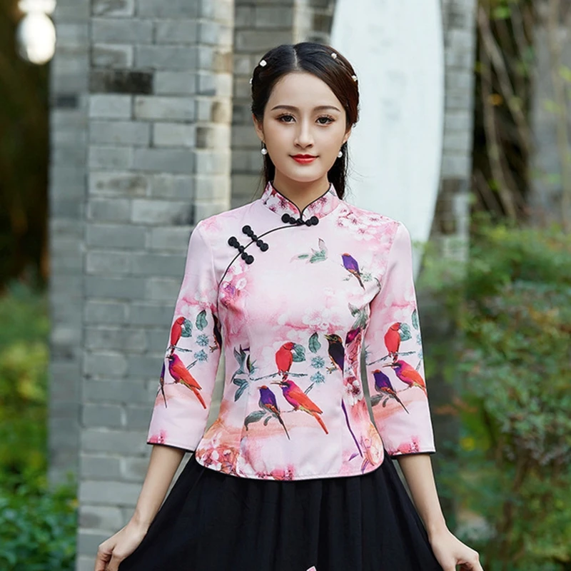 New Medium sleeve Printing cheongsam shirt antique fashion literary retro Tang Suit Tops women's clothing Daily Shirt