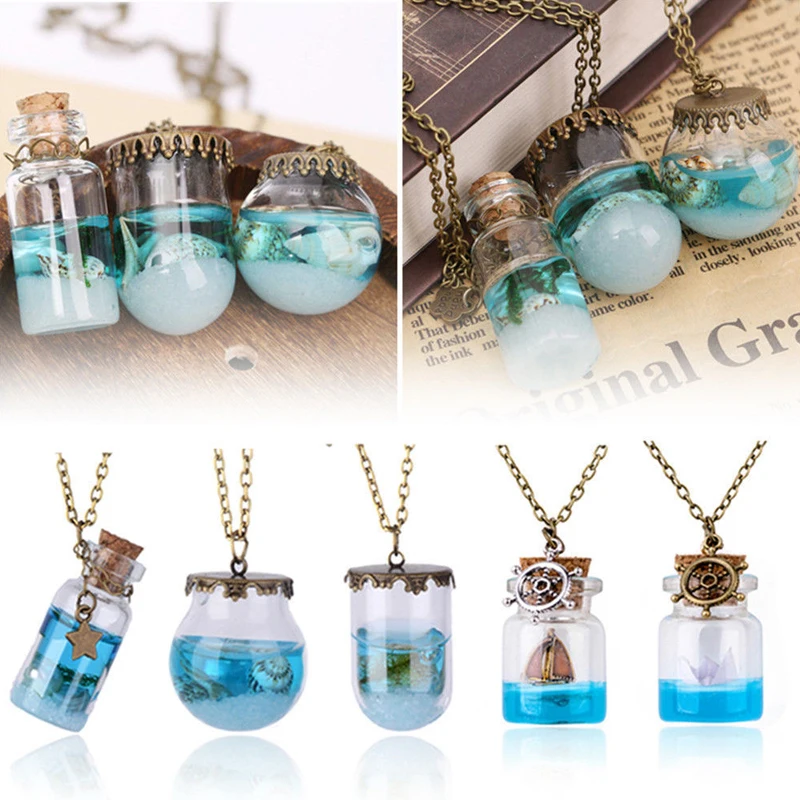Retro Glass Drifting Bottle Bow knot Pendant Necklace Conch Starfish Charm Summer for Women Men Jewelry Gift | Украшения и