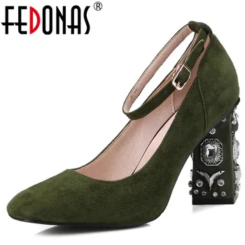 

FEDONAS Thin Strap Buckle Women Kid Suede Pumps Fashion Crystal High Heels Elegant Mary Janes Prom Party Shoes Woman Big Size