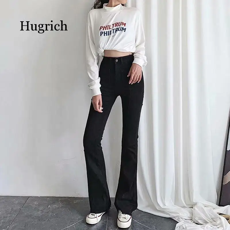 Autumn and Winter New European and American Style High Waist Stretch Horn Jeans Women, Slim Long Legs Solid Color Jeans Women
