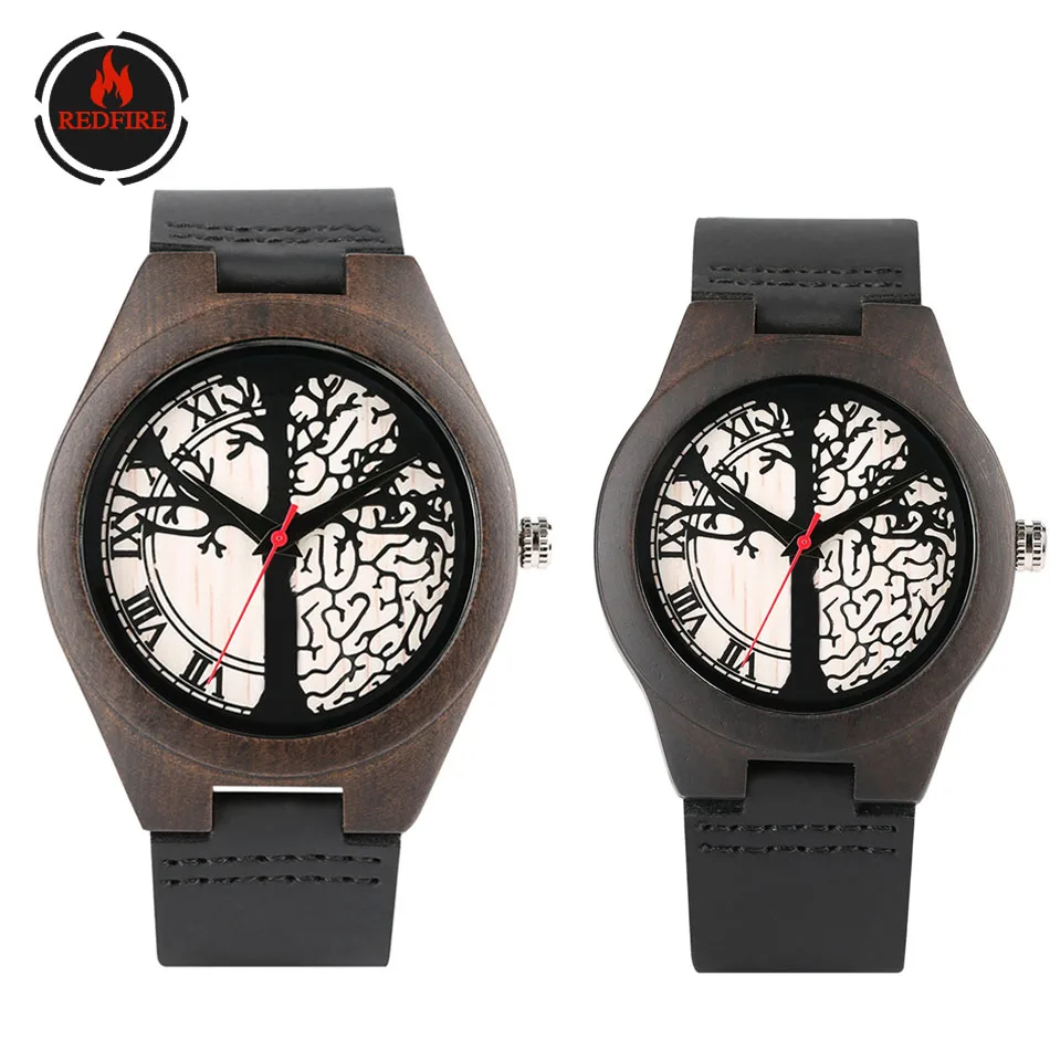 BEST QUALITY  REDFIRE Life Tree Design Couple Watches Ebony Wood Watch Genuine Leather Lovers Watch Quartz Casual