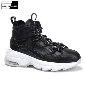 

High Quality Mens High Top Casual Genuine Leather Shoes Fashion Thick Platform Joggers Sneakers Lace Up Leather Trainers Shoes