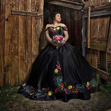 

Black Ball Gown Sweet 16 Dresses Mexican Theme Off The Shoulder Beaded Black Satin Vestidos De Quinceanera Dress