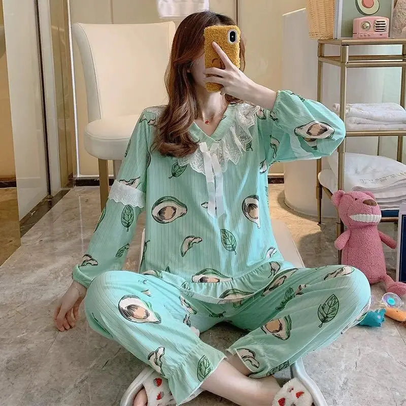Sanderala Sexy Women Strawberry Pajama Sets V Neck Women Elegant Gown Home Pajamas Cute Bathwear Autumn Clothes Women