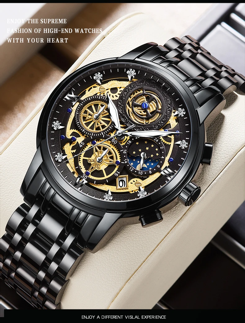 luxury watch with golden dial and black strap