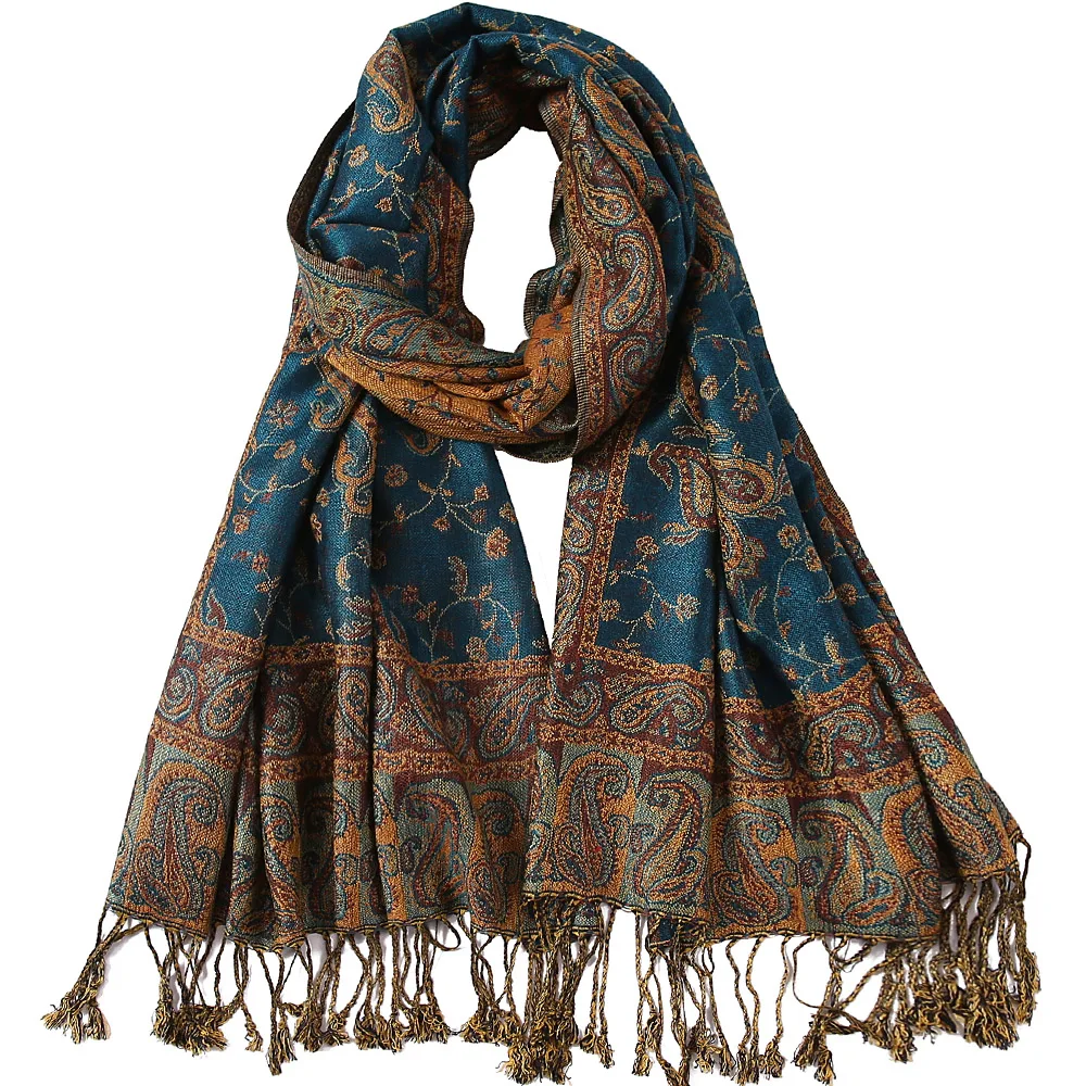 Pashmina Silk Scarf Shawl Wrap Paisley Jacquard Flowers Borders Rave 2 Layers Reversible Classic Tassels For Women 70X180cm 200g 2