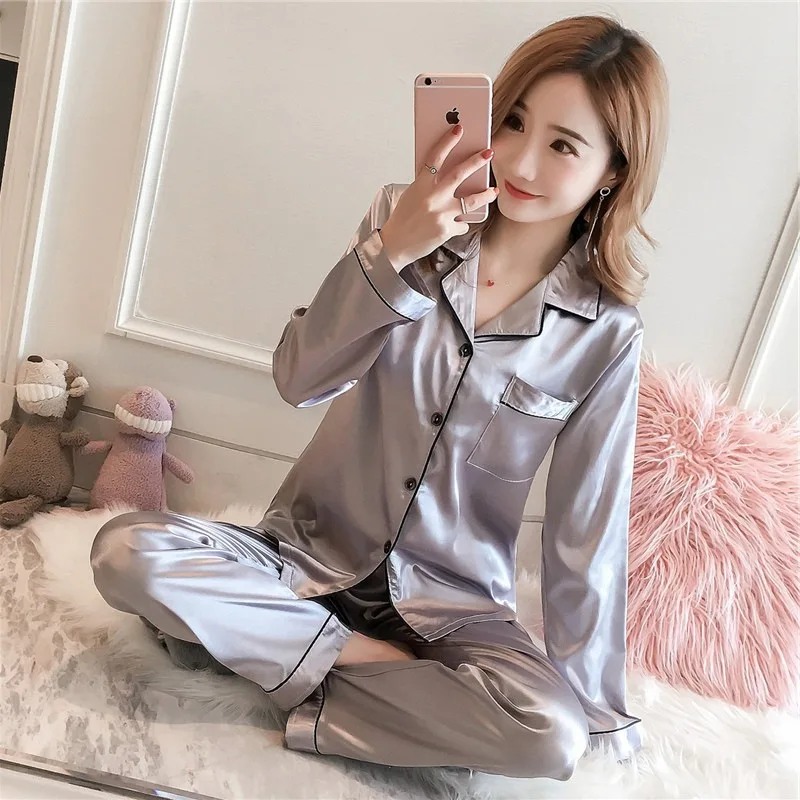 

Pajamas Women's Spring And Autumn Imitated Silk Fabric Pajamas Suit Summer Long Sleeve Two-Piece Tracksuit Short Sleeve Viscose