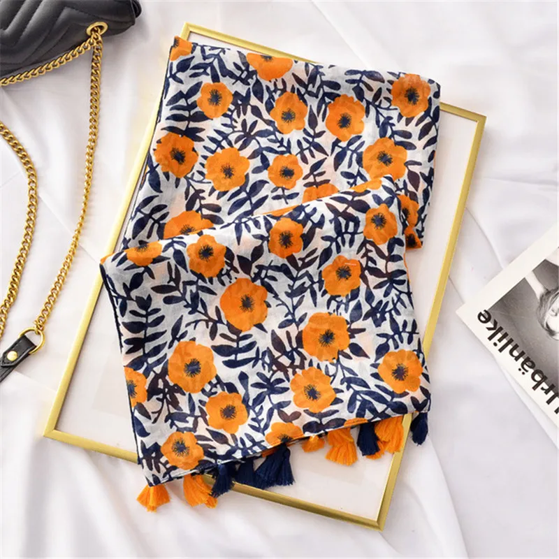 

Oloey Summer Small Fresh Blue Orange Printed Floral Scarf Women Fashion Leaves Flower Tassel Beach Shawls For Ladies Hijab Scarf