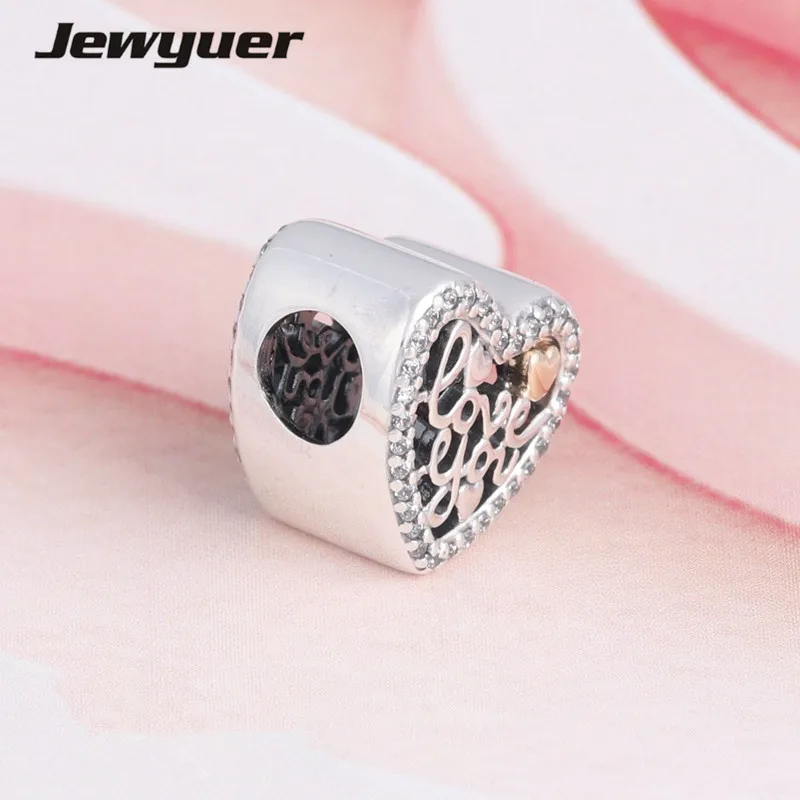 Love Script charms 925 sterling silver fine jewelry with gold heart fit charm bead bracelet pendant diy For women Memnon GD104