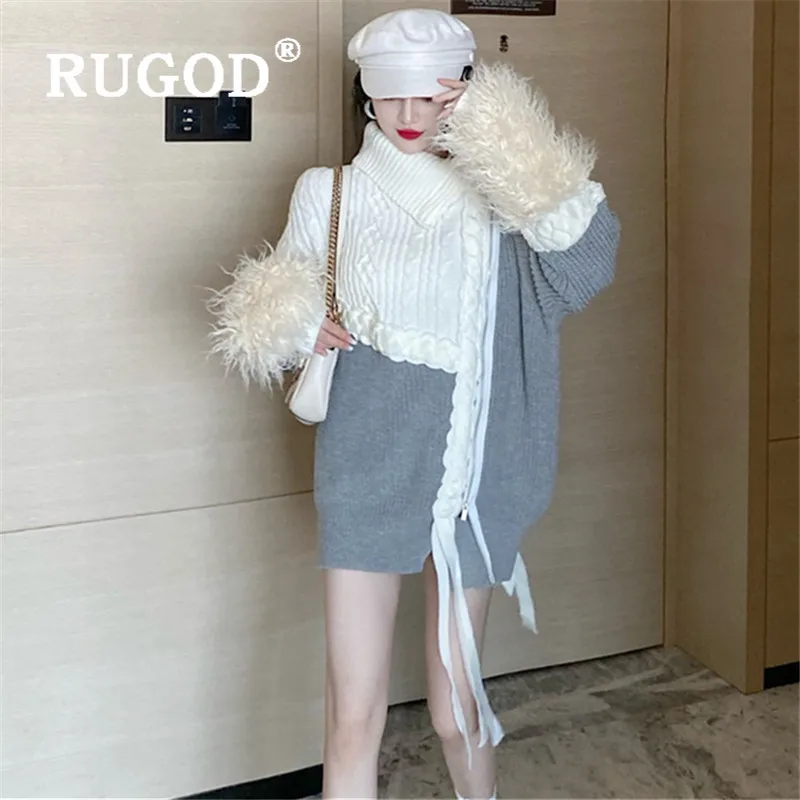 RUGOD, новинка весны, специальное поступление, женский свитер, отложной воротник, пушистый рукав, на молнии, вязаный свитер, твист, пэчворк, туника, мода