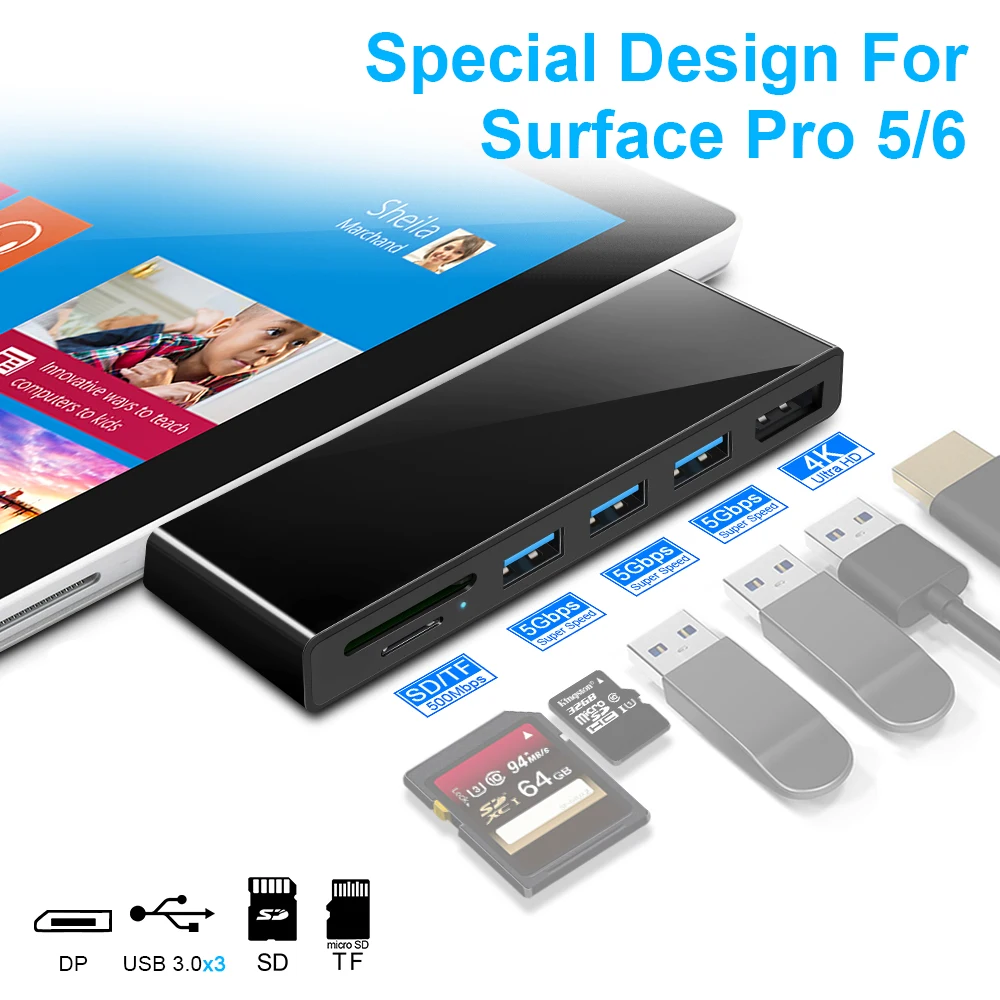 Rocketek usb 3,0 концентратор кард-ридер DP 4K 30 Гц адаптер для чтения в то же время SD/TF micro SD microsoft Surface Pro 5/6
