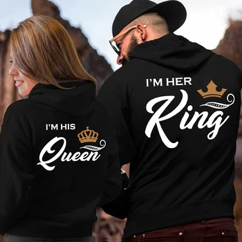 

Her King His Queen Couple Hooded Print Sweatshirt Casual Letter Long Sleeve Winter Women Hoodies 2020 Cute Hoody