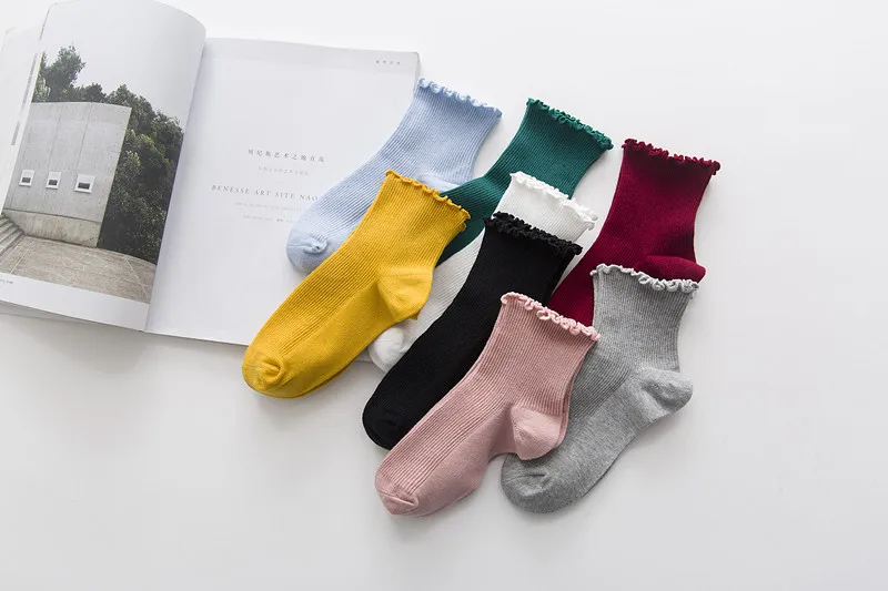 Autumn And Winter New Products Japanese-style Frilled Cotton Bunching Socks Women's Solid Color Short Socks Women's