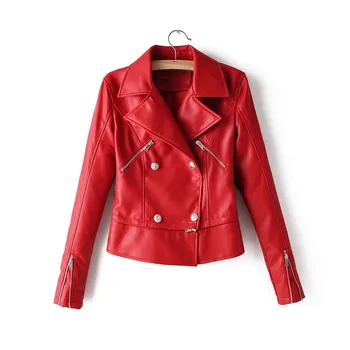 

Ailegogo New Autumn Women Streetwear Black Short Pu Faux Leather Jacket Casual Female Detachable Zipper Double Breasted Red Coat