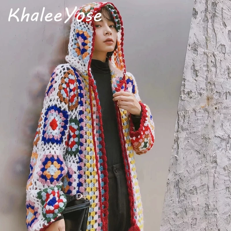 KHALEE YOSE/длинные вязанные свитера ручной работы Кардиган хиппи бохо шикарное пальто с длинными рукавами осеннее пальто из мохера в этническом стиле