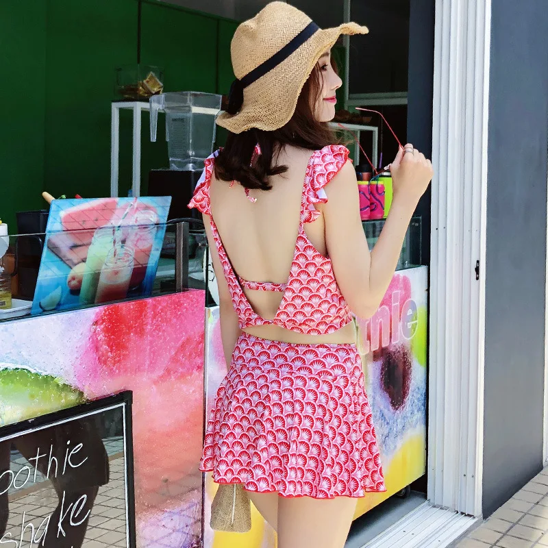 

2018 Swimsuit Women's Three-piece Set Small Bust Gathering-Slimming Korean-style Students Hot Springs Triangular Skirt Bikini