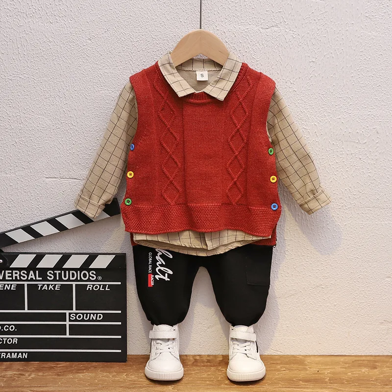 

Spring And Autumn 2020 Children Baby Linen Flower Color Knot Sweater Waistcoat Plaid Shirt Three-piece Set