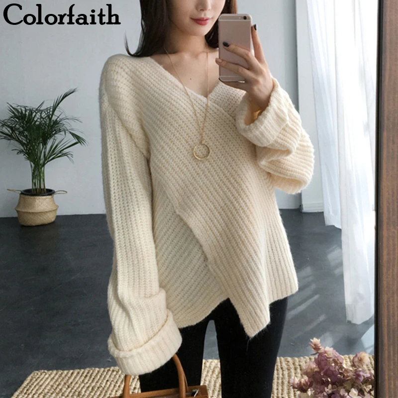 Colorfaith New 2019 Autumn Winter Women's Sweaters V-Neck Patchwork Minimalist Tops Korean Style Knitting Ladies Female SW505 | Женская