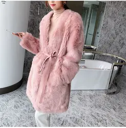 ZiZhen розовое пальто с v-образным вырезом из Тосканы и овечьей кожи, верхняя одежда средней длины из натуральной кожи с карманами 191105-7