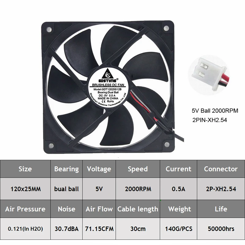 Gdstime 2 шт. DC 5 в 120x120 мм вентилятор кулер безщеточный 12 см USB вентилятор охлаждения выхлопной - Blade Color: ball 2000RPM
