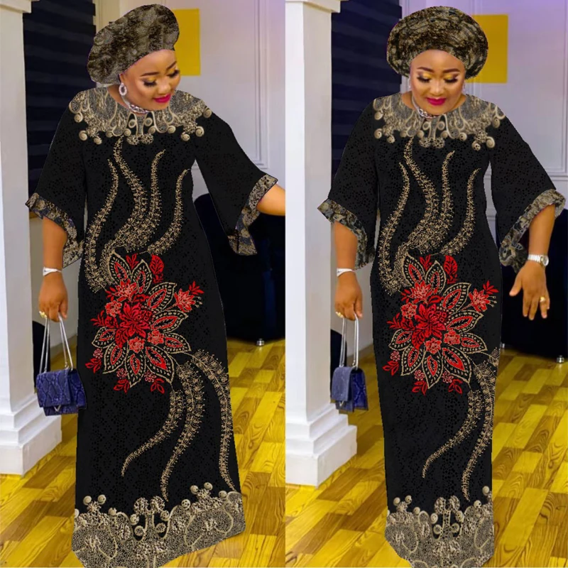 MD 2022 New African Lace Dresses For Women Embroidered Sequin Maxi Robe Muslim Hijab Abayas Ankara Dashiki Kaftan Robe Africaine