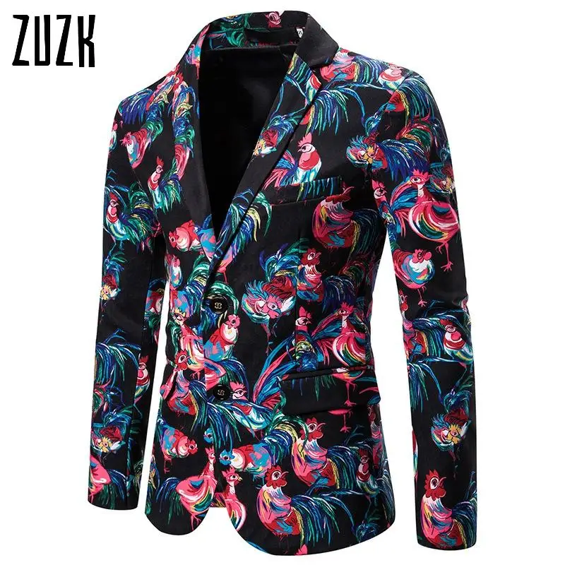 

ZUZK Print Casual Blazer Men Slim Fit Nightclub Party Floral Suit Jacket Stage Singer Costume Homme Wedding Blazers Man