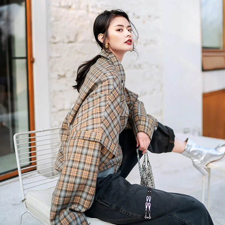 

Network Red Plaid Coat Women's 2019 Spring New Style Korean-style Loose Retro Hong Kong Flavor Baseball Uniform Short INS Jacket