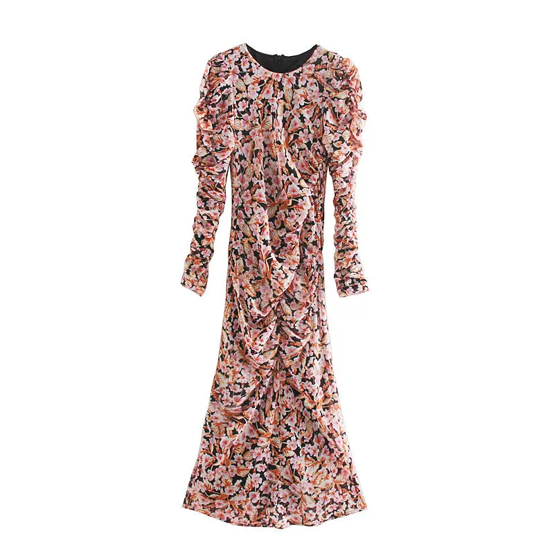 

2019 Autumn And Winter New Style Floral Print Crew Neck Long Sleeve Slim Fit Waist Hugging Slimming Elegant Casual Dress Women's